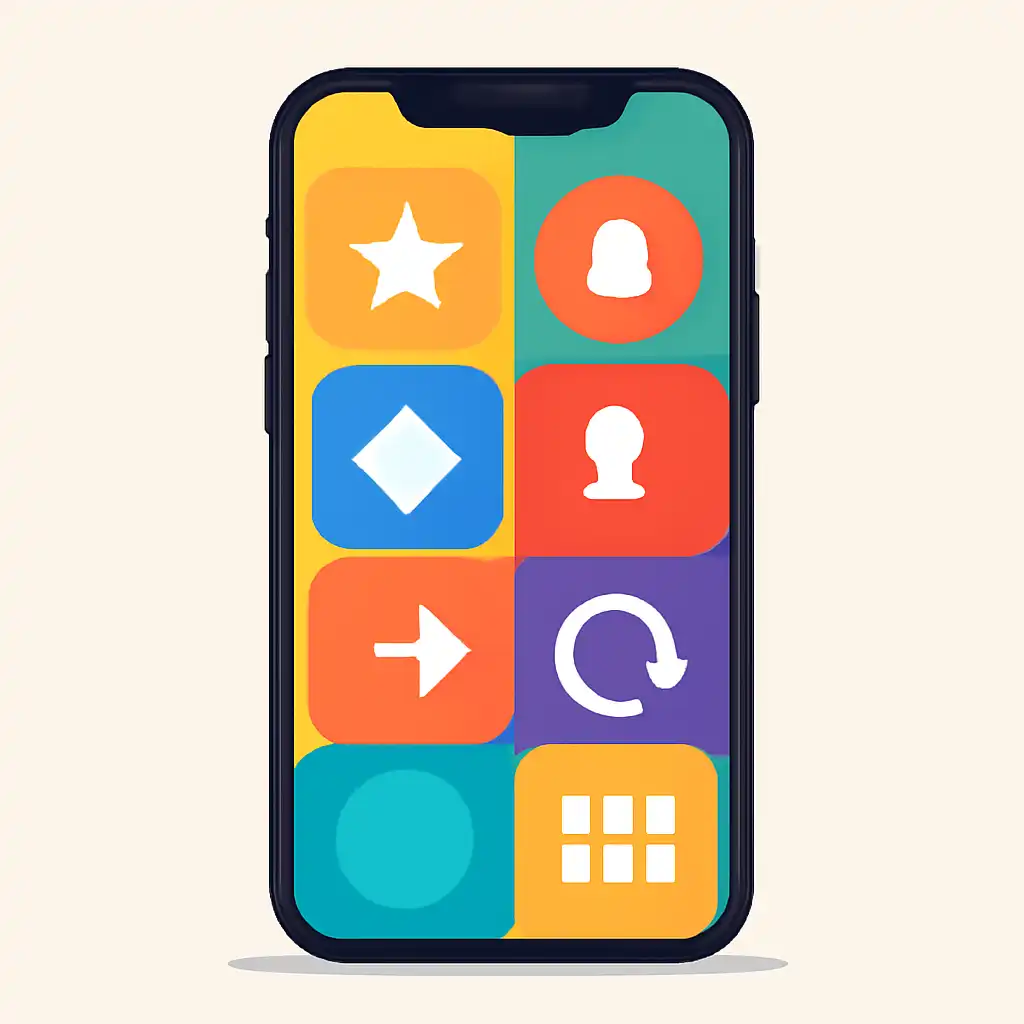Smartphone shown from the front displaying a colourful flat layout of abstract game icons and rounded tiles (no text, no letters, no labels), Jai Club