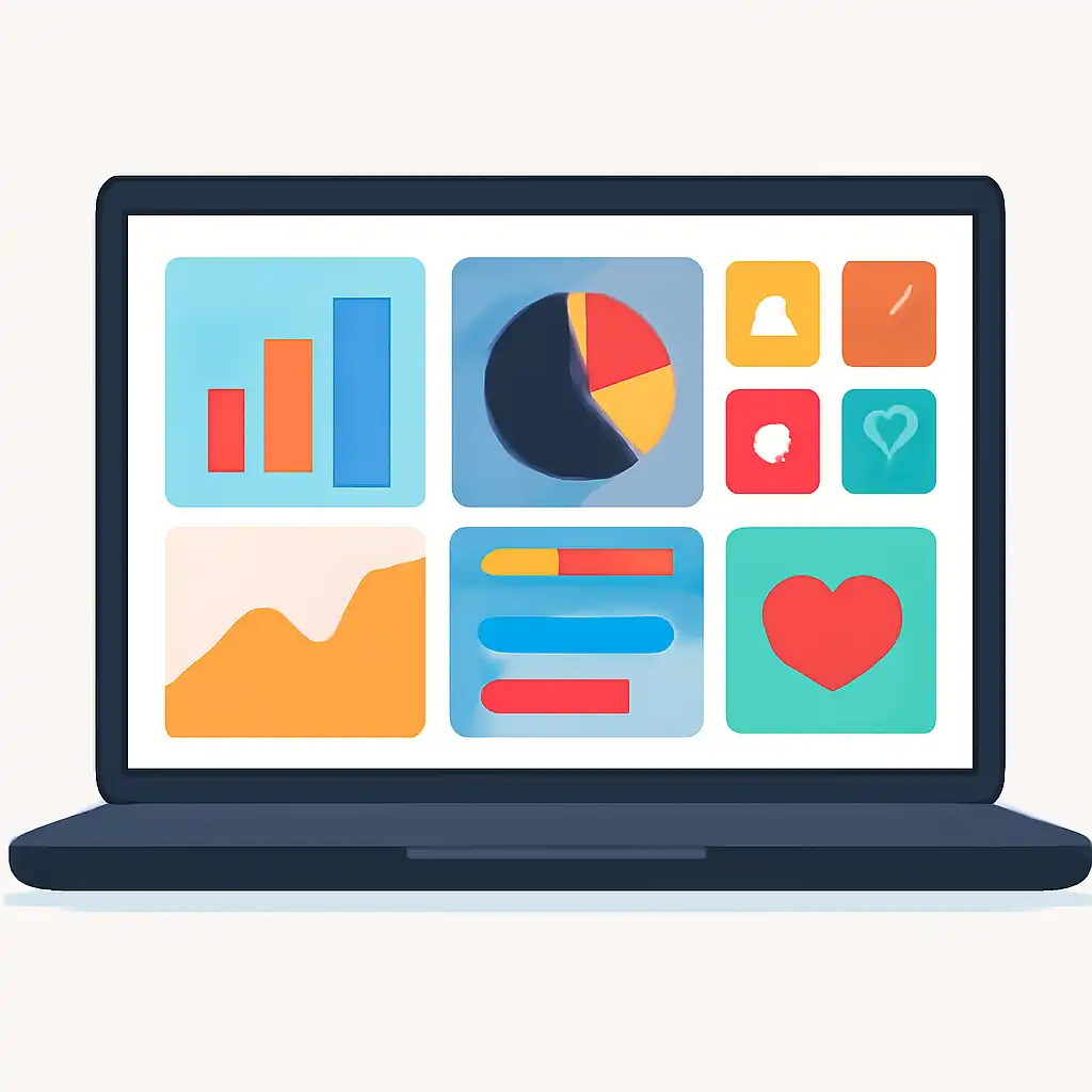 Laptop shown from the front displaying a colourful flat dashboard of abstract charts, bars and icon tiles (no text, no letters, no labels), Jai Club