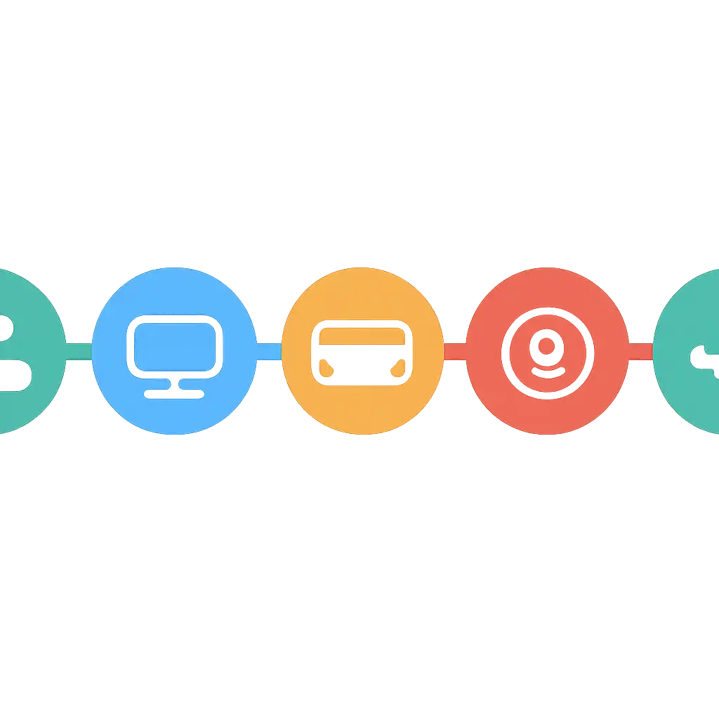 Five numbered circular icons connected by arrows in a horizontal flow, flat illustration, icons only, no words, Jai Club steps